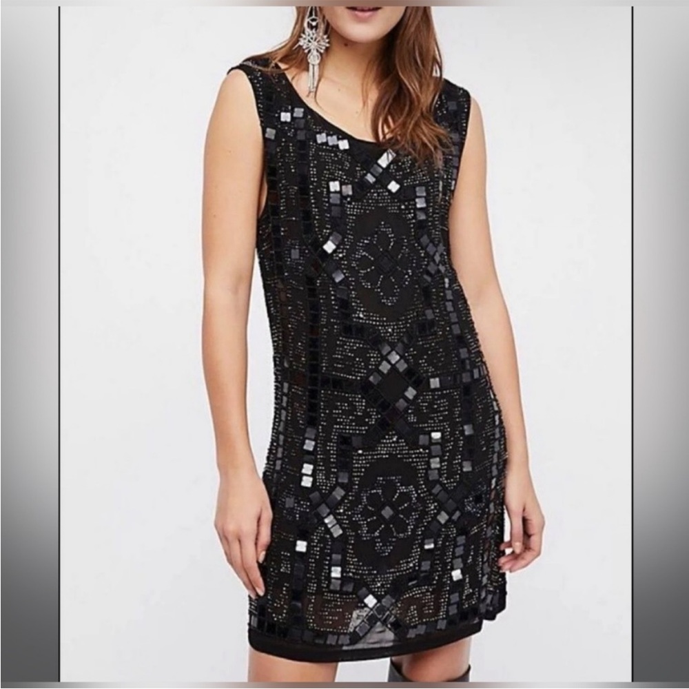Black Beaded Sleeveless Shift Dress